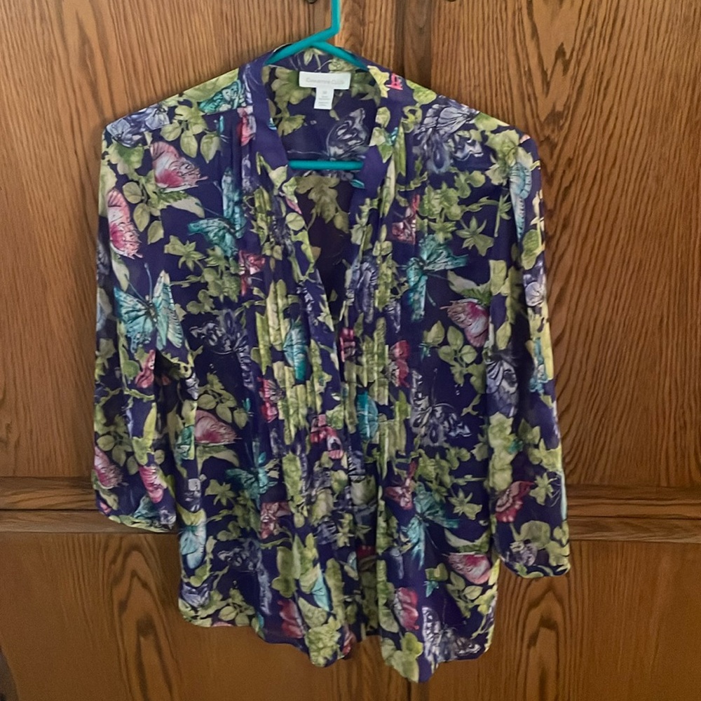 Purple butterfly print button down shirt